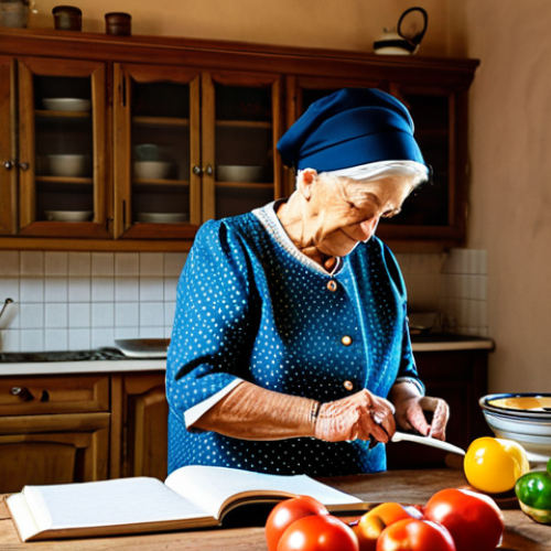 Home 11 A warm scene in a traditional Portuguese kitchen, where an elderly grandmother, fully clothed in modest, traditional attire, is gently guiding her teenage grandchild, who is also fully clothed in appropriate, casual wear, through the steps of preparing a classic family recipe. The grandchild is attentively holding a notebook and pen, taking notes, with a smartphone discreetly placed nearby for documentation. The kitchen is cozy, bathed in natural light, showcasing fresh ingredients on a wooden countertop and vintage cooking utensils. The atmosphere is filled with warmth, learning, and connection. perfect anatomy, correct proportions, natural pose, well-formed hands, proper finger count, natural body proportions, professional photography, high quality, safe for work, appropriate content, fully clothed, family-friendly.
