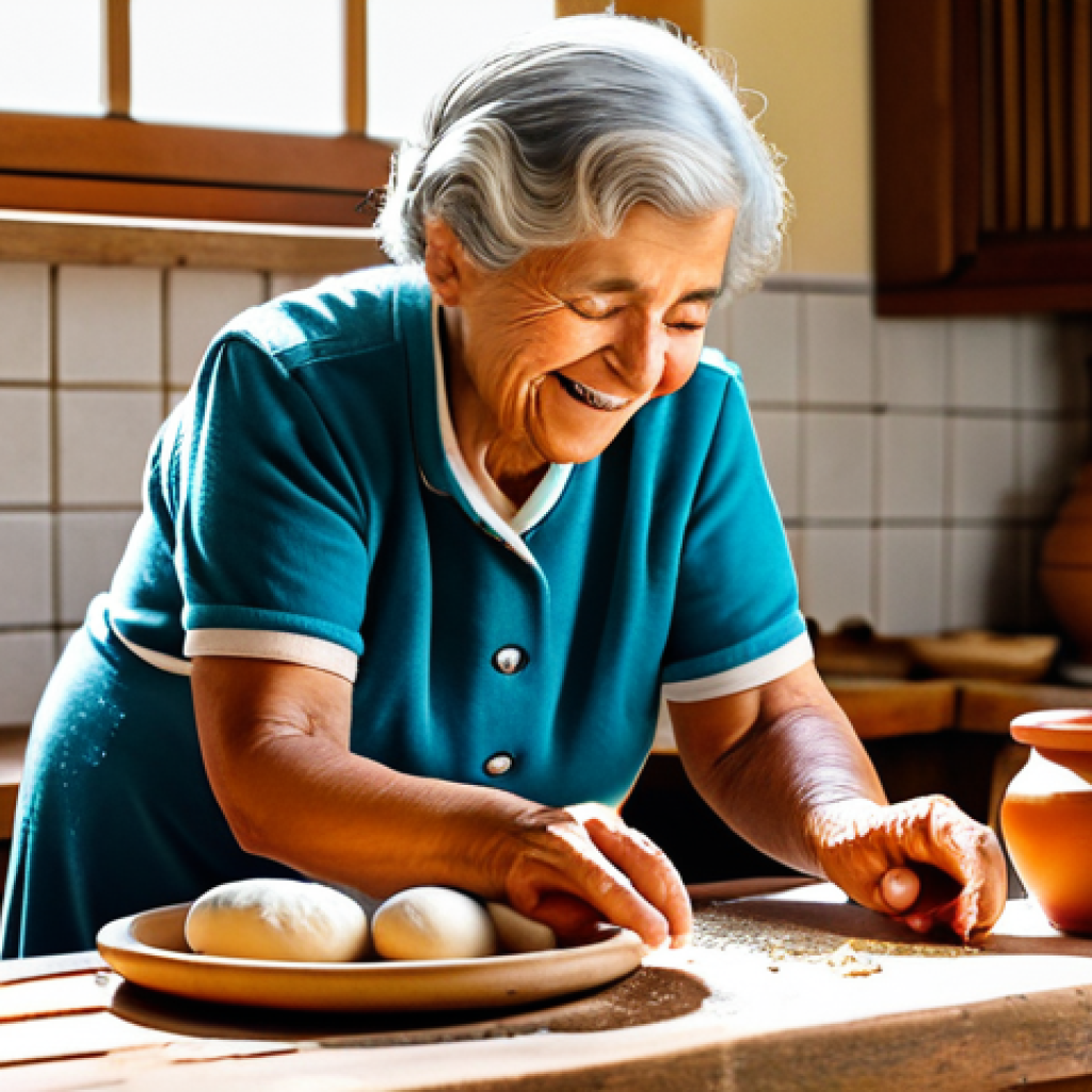 A warm-hearted elderly Portuguese grandmother, fully clothed in modest, comfortable home attire, gently guides a young child's hands as they mix dough in a rustic, sunlit Portuguese kitchen. Traditional clay pots and fresh ingredients are visible on a wooden countertop. The scene emphasizes intergenerational learning and shared joy in cooking. This is a family-friendly image with appropriate content, perfect anatomy, correct proportions, natural pose, well-formed hands, proper finger count, natural body proportions, high-quality professional photography.