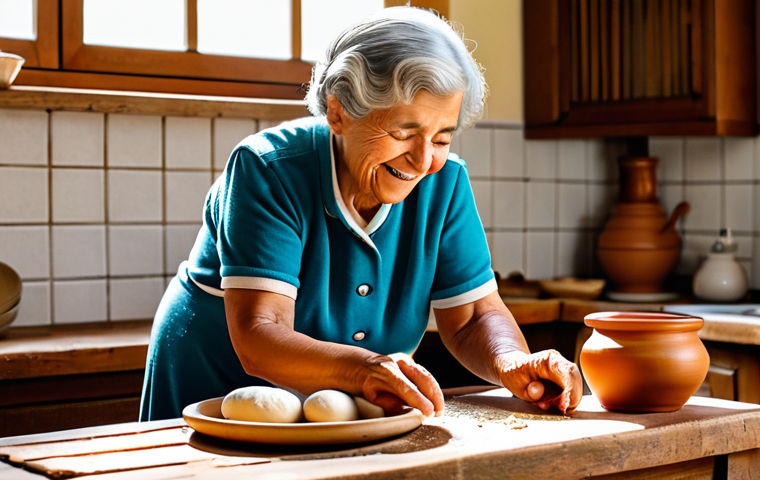 A warm-hearted elderly Portuguese grandmother, fully clothed in modest, comfortable home attire, gently guides a young child's hands as they mix dough in a rustic, sunlit Portuguese kitchen. Traditional clay pots and fresh ingredients are visible on a wooden countertop. The scene emphasizes intergenerational learning and shared joy in cooking. This is a family-friendly image with appropriate content, perfect anatomy, correct proportions, natural pose, well-formed hands, proper finger count, natural body proportions, high-quality professional photography.