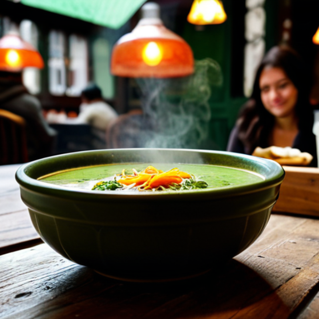 Cozy Caldo Verde Scene**
"A bowl of steaming caldo verde, garnished with slices of chouriço, presented on a rustic wooden table. In the background, a warmly lit tasca (small restaurant) with blurred figures of patrons enjoying their meals. Focus on the textures of the soup and the inviting atmosphere. Fully clothed people visible in background. Safe for work, appropriate content, professional photography, perfect anatomy, natural proportions, modest setting."
**