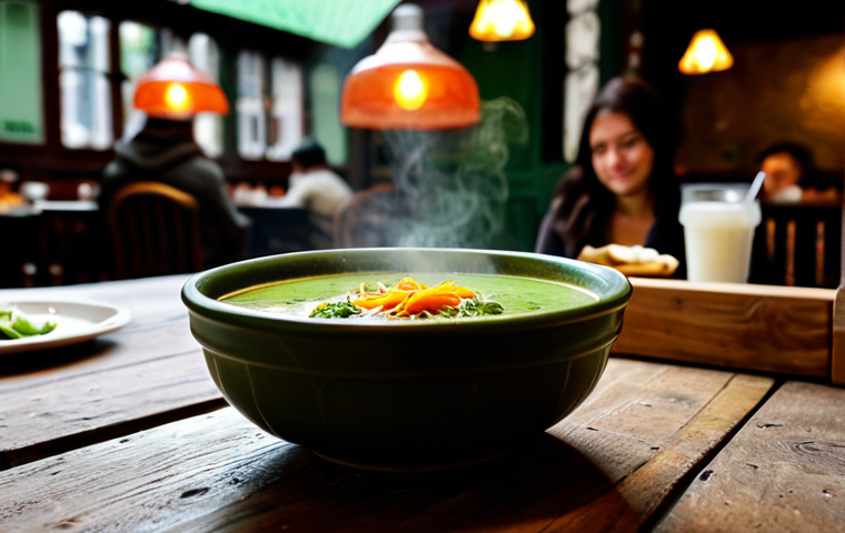 Cozy Caldo Verde Scene**
"A bowl of steaming caldo verde, garnished with slices of chouriço, presented on a rustic wooden table. In the background, a warmly lit tasca (small restaurant) with blurred figures of patrons enjoying their meals. Focus on the textures of the soup and the inviting atmosphere. Fully clothed people visible in background. Safe for work, appropriate content, professional photography, perfect anatomy, natural proportions, modest setting."
**
