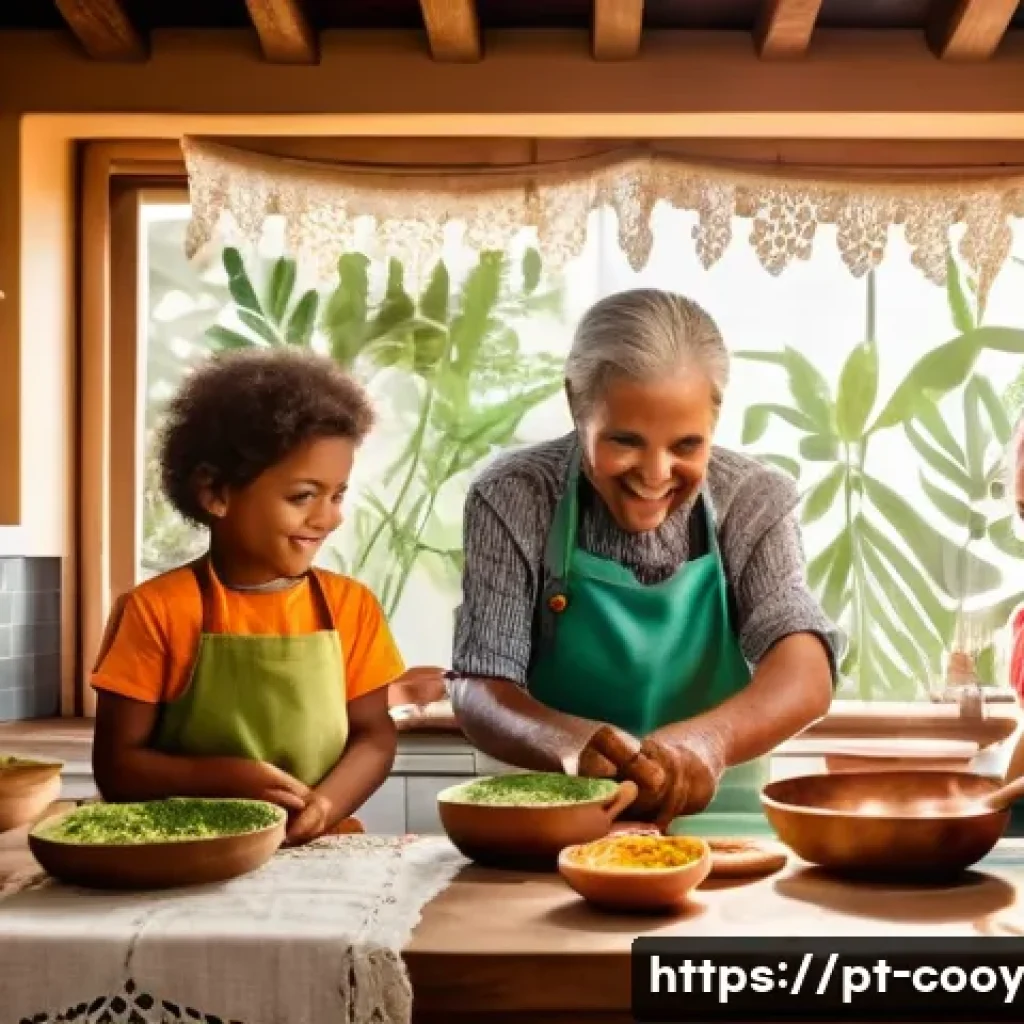 가족 요리의 계승을 위한 방법론 - A warm, cozy kitchen scene showing a multi-generational Brazilian family preparing traditional recip...