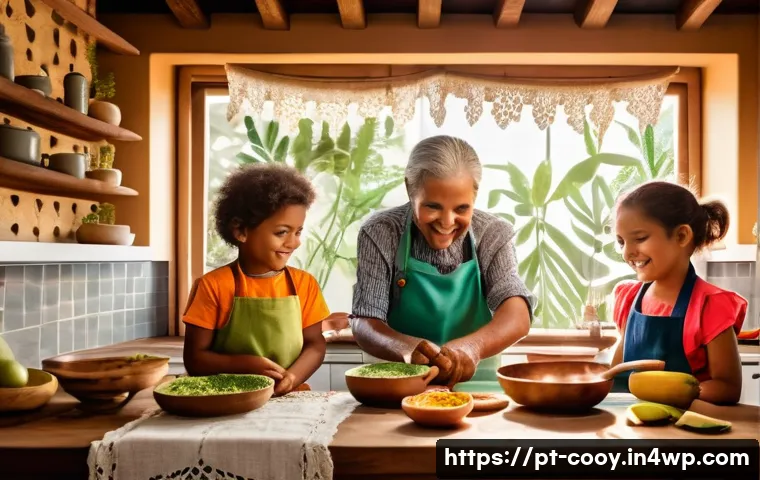 가족 요리의 계승을 위한 방법론 - A warm, cozy kitchen scene showing a multi-generational Brazilian family preparing traditional recip...