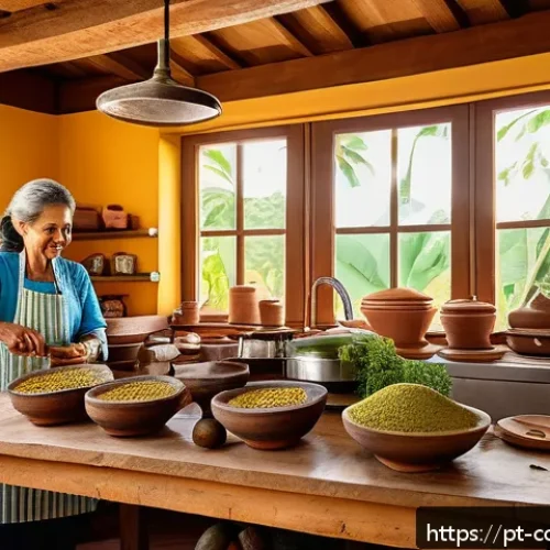 Home 33 세대별 요리 유산의 차이를 이해하기 - A vibrant Brazilian kitchen scene showcasing a multi-generational family preparing traditional dishe...