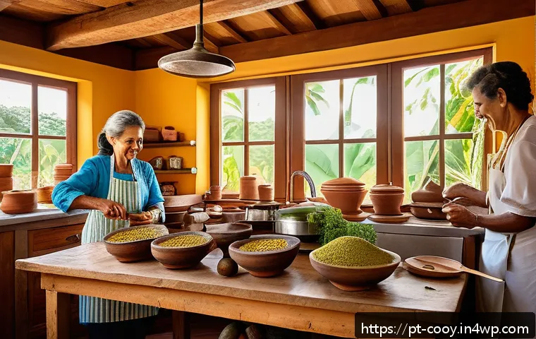 세대별 요리 유산의 차이를 이해하기 - A vibrant Brazilian kitchen scene showcasing a multi-generational family preparing traditional dishe...