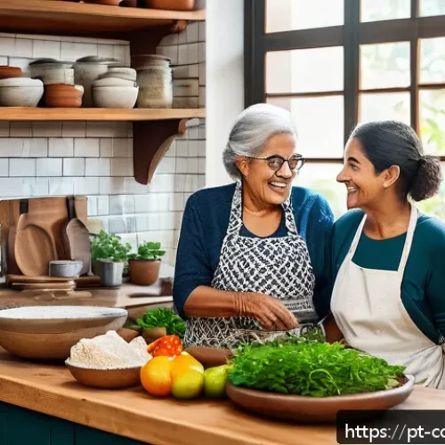 Home 32 가족 요리 유산을 담은 포토북 제작하기 - A warm, cozy kitchen scene featuring a multi-generational Brazilian family cooking together. Include...