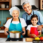 Home 19 가족의 요리 전통을 정리하는 법 - A cozy modern kitchen scene featuring a multi-generational family cooking together: an elderly woman...
