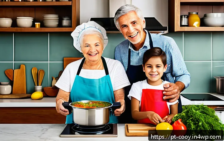가족의 요리 전통을 정리하는 법 - A cozy modern kitchen scene featuring a multi-generational family cooking together: an elderly woman...