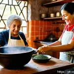 Home 18 가족의 요리 유산을 위한 워크숍 기획 - A warm, inviting kitchen scene in a cozy Brazilian home where three generations of a family gather a...