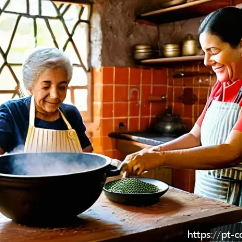 Home 30 가족의 요리 유산을 위한 워크숍 기획 - A warm, inviting kitchen scene in a cozy Brazilian home where three generations of a family gather a...