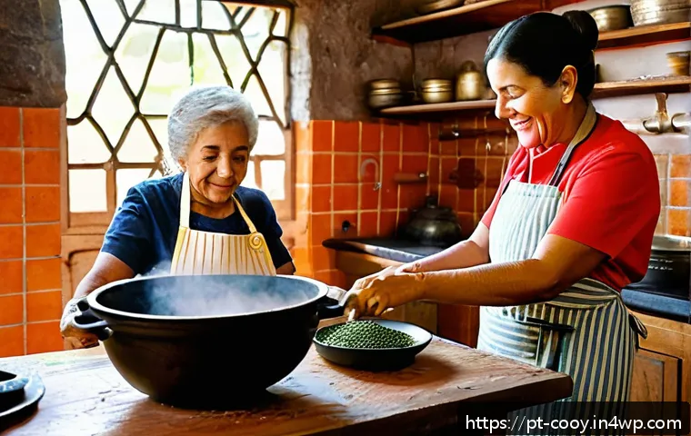 가족의 요리 유산을 위한 워크숍 기획 - A warm, inviting kitchen scene in a cozy Brazilian home where three generations of a family gather a...