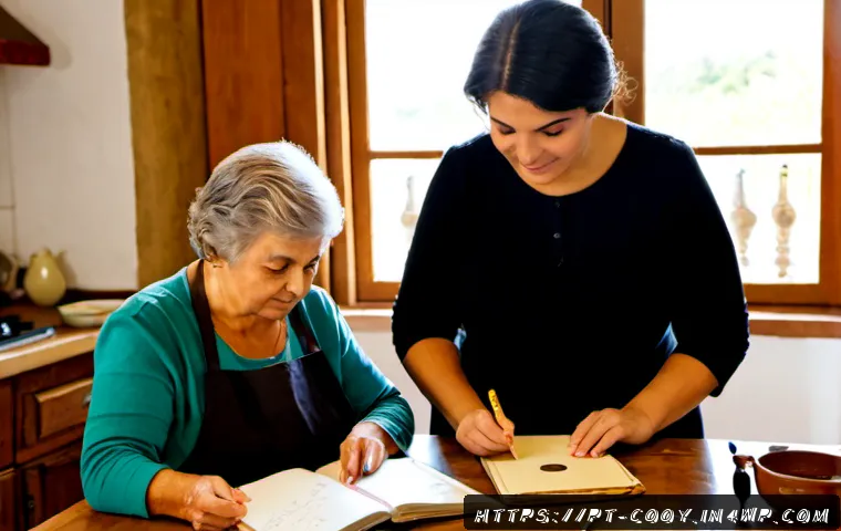 Home 17 가족의 요리 유산 보존을 위한 법적 가이드라인 - Photorealistic Portuguese family kitchen scene, an older grandmother and adult granddaughter preserv...