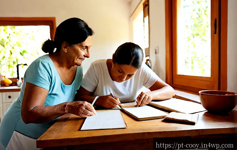 Home 17 가족 요리 유산 문서화 방법 - Photorealistic warm Brazilian family kitchen, an older grandmother and adult daughter carefully arra...